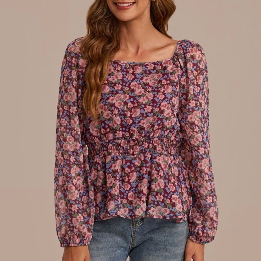 Universal Thread Pink Multi Floral Smocked Peplum Blouse